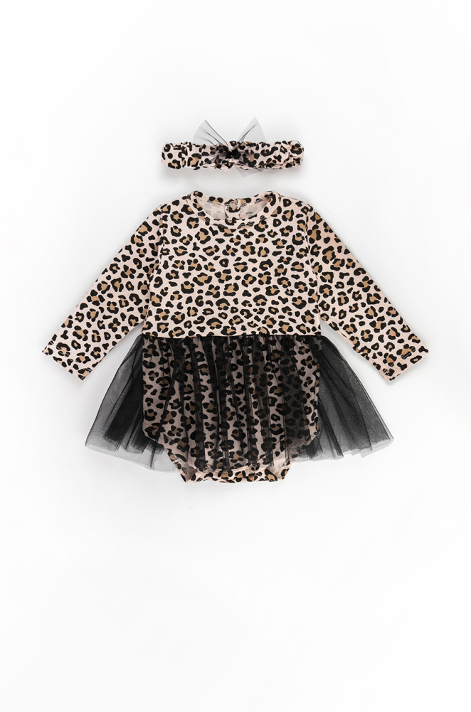 Baby Girl Bodysuit Dress with Tulle Skirt and Headband Leo