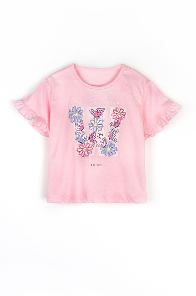 Футболка для девочки из кулира с принтом и рюшами