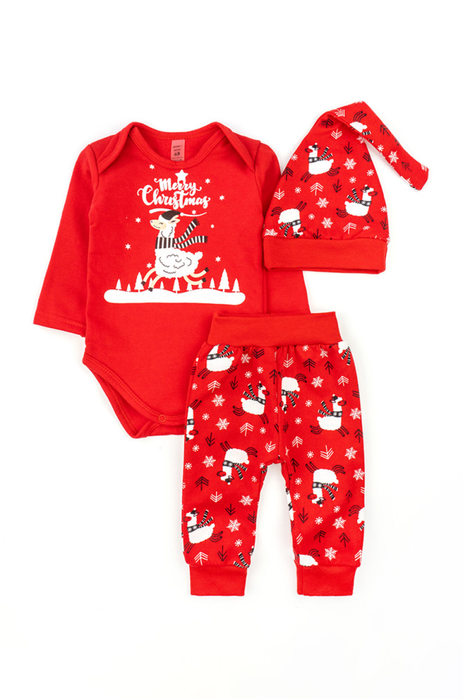 Дитячий комплект трійка Christmas llama боді штани та шапочка з начосом