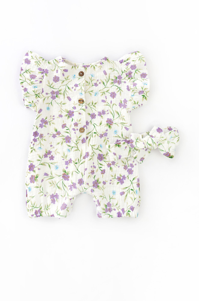 Пісочник з мусліну для дівчинки на ґудзиках Violet flowers з пов'язкою
