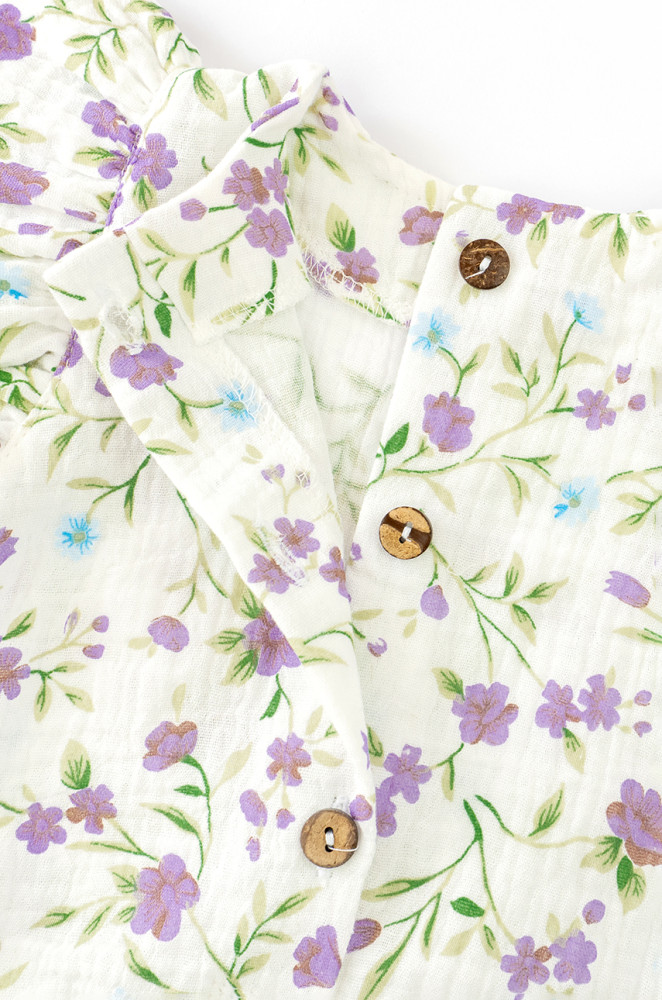 Пісочник з мусліну для дівчинки на ґудзиках Violet flowers з пов'язкою