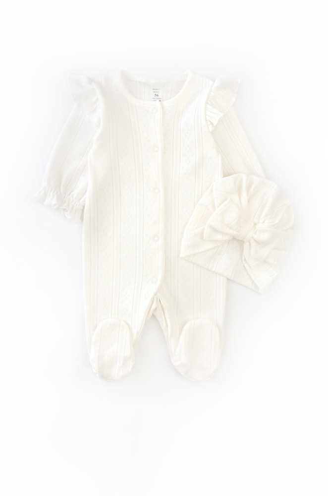 Baby Girl Discharge Set: Lace Ribbed Jumpsuit and Hat