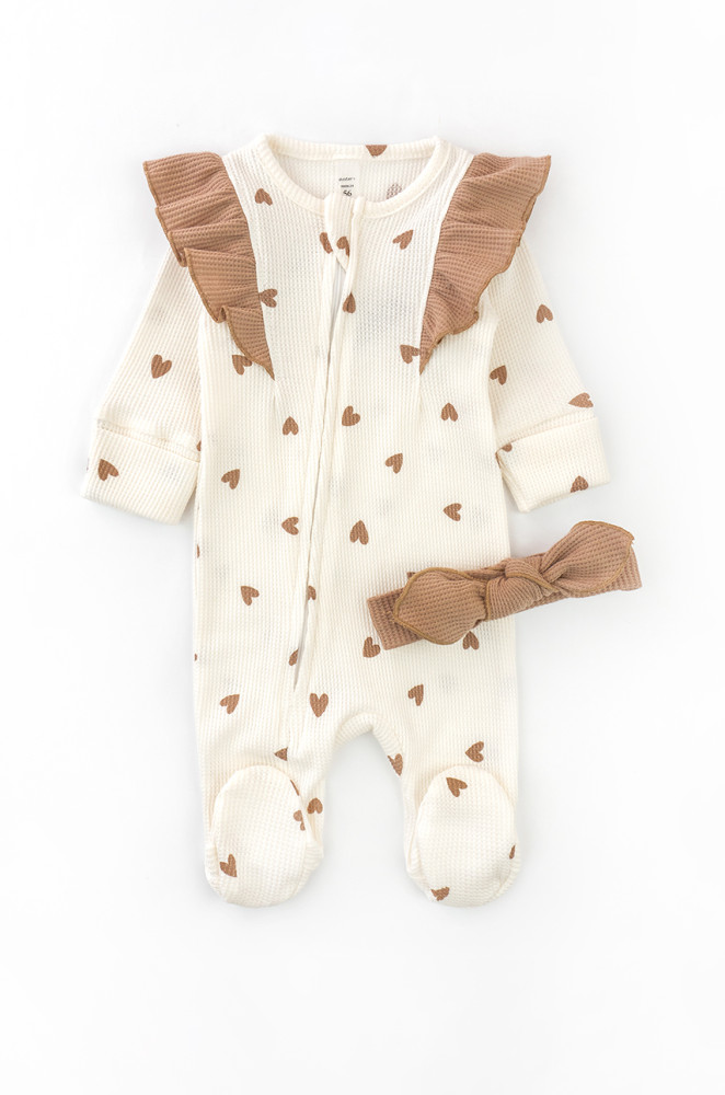 Newborn Girl Romper with Coffee-Colored Wings, Heart Print and Headband