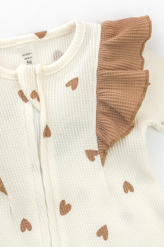 Newborn Girl Romper with Coffee-Colored Wings, Heart Print and Headband