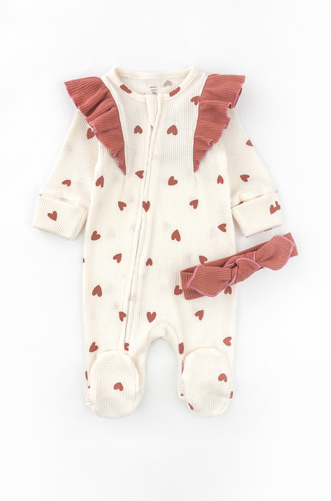 Infant Zipper Romper with Headband – Heart Print