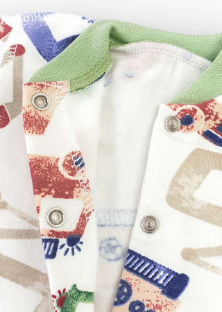 Miękki pajacyk na bawełnianej bajce z zewnętrznymi szwami i nadrukiem koparki