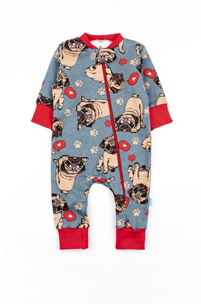 Baby fleece jumpsuit with zipper and pug print