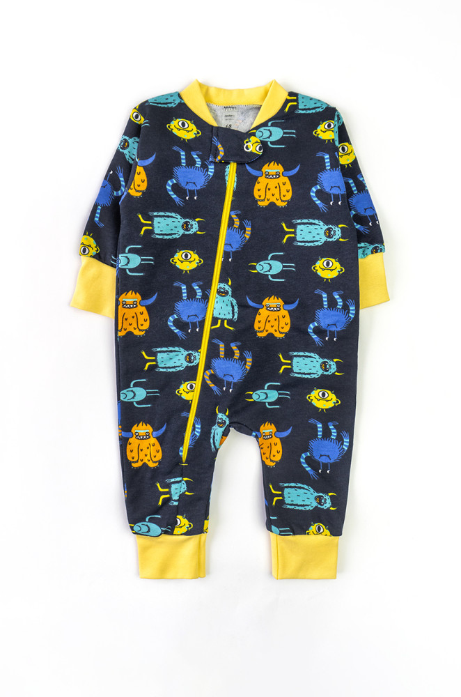Brushed Cotton Baby Romper with Open Feet – Monster Print, Zipper Closure
