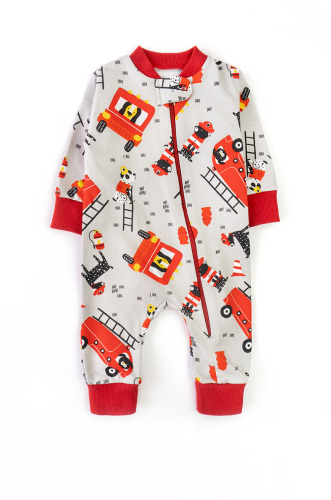 Baby Romper with Open Feet Firetruck Print – Fleece Lined, Zippered