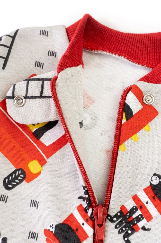Baby Romper with Open Feet Firetruck Print – Fleece Lined, Zippered