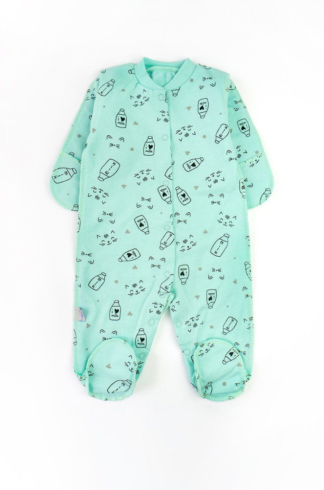 Newborn Sleepsuit Milk with Fleece, External Seams and Bottle Print