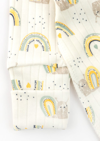 Baby romper with external seams and print