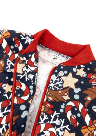 Детский трикотажный комбинезон из ткани с начосом и новогодним принтом